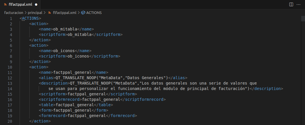 XML del fichero de acciones