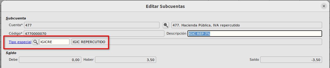 Configuración subcuenta repercutido