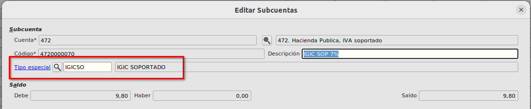 Configuración subcuenta soportado