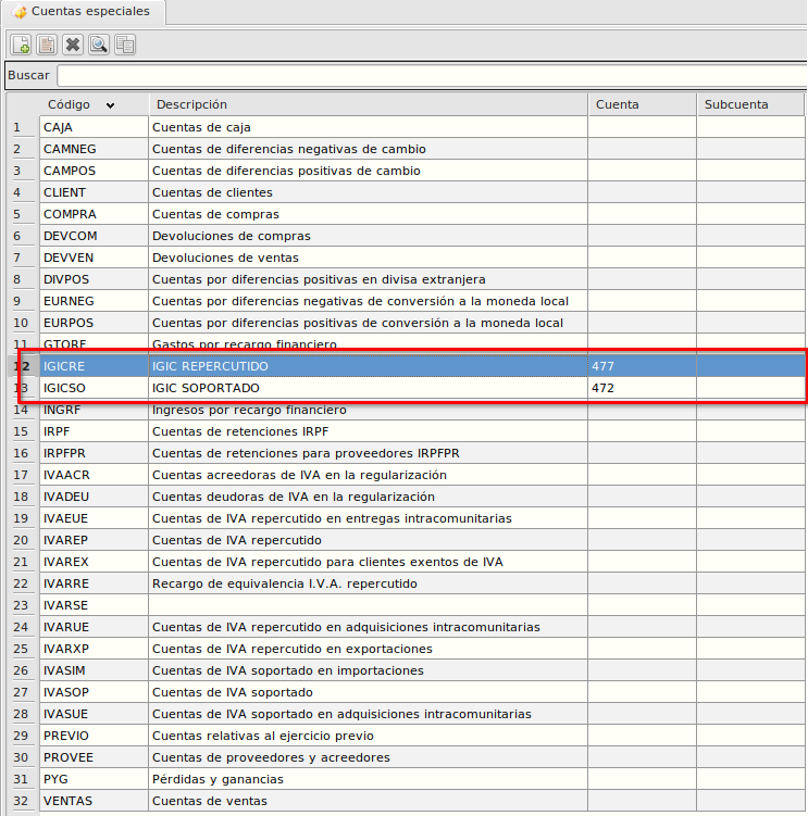 Configuración cuentas especiales
