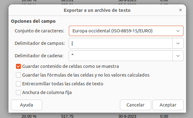 Configuración de archivo csv